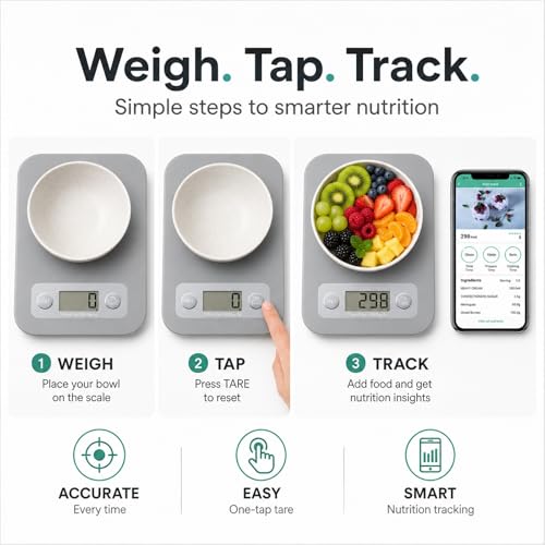 URAMAZ Smart Food Scale with Nutritional Calculator, Digital Kitchen Scale with Bluetooth App for Weight Loss, Food Weight Scale for Diet, Keto, Macro, Calories Counting, Tracking, 11lb - color: Grey
