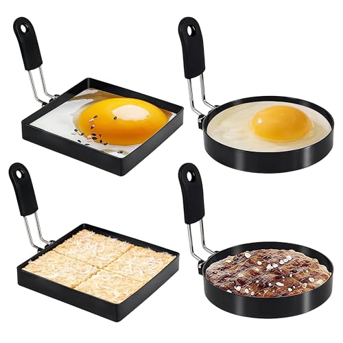 4 Pack Egg Rings for Frying Eggs, Round & Square Egg Cooking Stainless Steel, for English Muffins Pancake, with Silicone Handle