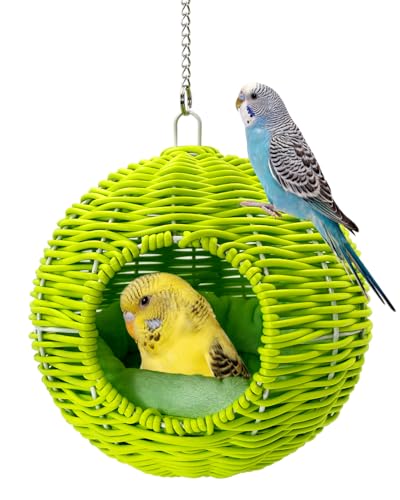 Chewproof Steel Frame Bird Nest for Cage, Washable Small Bed Hammock | Bird Hideout Lay Eggs Parakeet Nest Sleep Rest, Parakeet Warm Bed House Hut for Lovebird, Canary, Budgie, with Cushion - color: S-Long Chain-green for Small Birds
