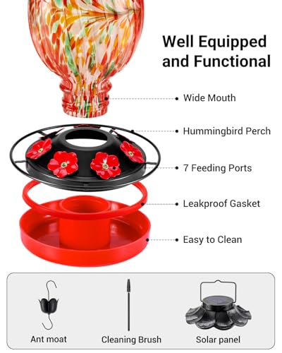 HouseSapp Solar Hummingbird Feeder - 49 fl.oz Hand Blown Glass Color Changing - 7 Feeding Ports with Perch - Never Leak - Perfect Hummingbird Feeder - color: Red