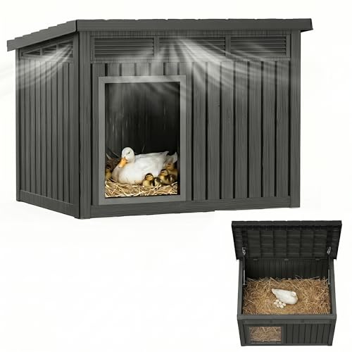 Vixzen Outdoor Duck House, PP Resin Material with Spacious Interior Poultry Shelter, Gas Strut Opening Top & Shutter Vents Chicken Coop for Easy Cleaning and Storage Use in Outdoor（Black） - color: Black, size: 42.9"L x 33.0"W x 31.6"H