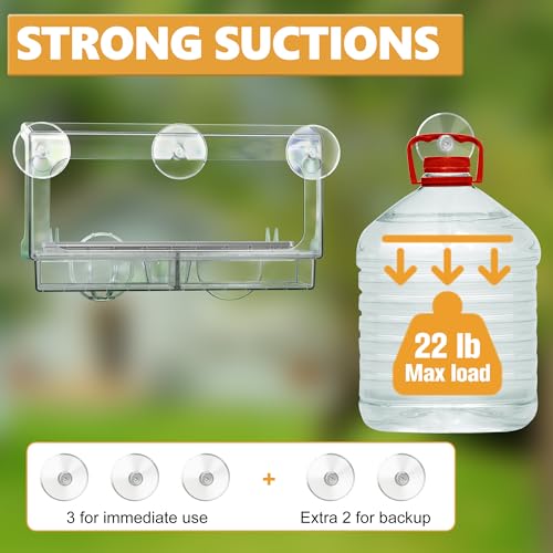 LUJII 6-in-1 Window Bird Feeder with Strongest Suction Cups, All-in-one Feeder for Bird Seed, Suet Ball, Mealworm, Oriole Orange Fruit, Jam or Water, 2 Removable Trays for Easy Cleaning, Clear - color: Clear, size: L