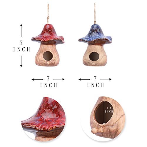 Yinns Hanging Bird House, Decorative BirdHouses for Garden Decor, 2 PSC | Birdhouses for Outside, Decorative Mushroom Ceramic Bird House for Wild Birds, Finch, Cardinal, and Bluebird - color: D-blue and red