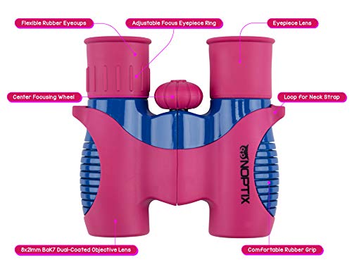 Binoculars for Kids, Girls or Boys Real Kids Binoculars in Vibrant Pink Blue - includes Sticker Book with 40 Bird Species - Kids Toys Small Binoculars, Toddler Binoculars - color: Pink and Blue