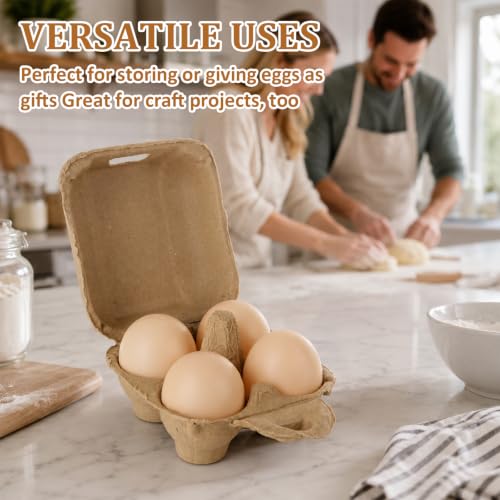 LANIAKEA 50PCS Egg Cartons 4 Count Natural Pulp Egg Carton with Stickers Reusable, Protects, Egg Storage Containers for Kitchen and Easter, Farmers Market