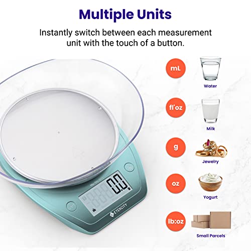 Etekcity Food Kitchen Scale with Bowl, 0.1g, Grams and Ounces | 11lb/5kg capacity with tare, removable bowl, ideal for baking, meal prep and portion control, Stainless Steel, Bright Blue - color: Bright Blue