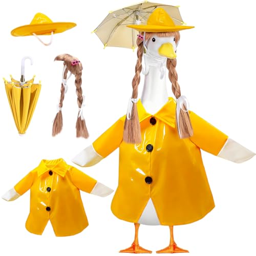 4 Pcs Porch Goose Raincoat with Wigs, Outfits and Clothes, Spring Summer Goose Statue Raincoat Costume, 23" Geese Statue Clothes for Patio Yard Lawn Outdoor Decor (Yellow) - color: Yellow