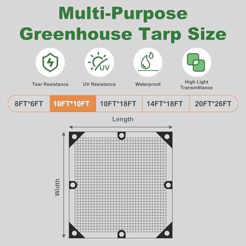 18 Mil Greenhouse Cover, 10x10 FT Clear Green Heavy Duty Greenhouse Tarp, UV Resistant Waterproof Green House Plastic Covering with Grommets for Garden, Farms, Nursery - size: Clear Green 10FTx10FT