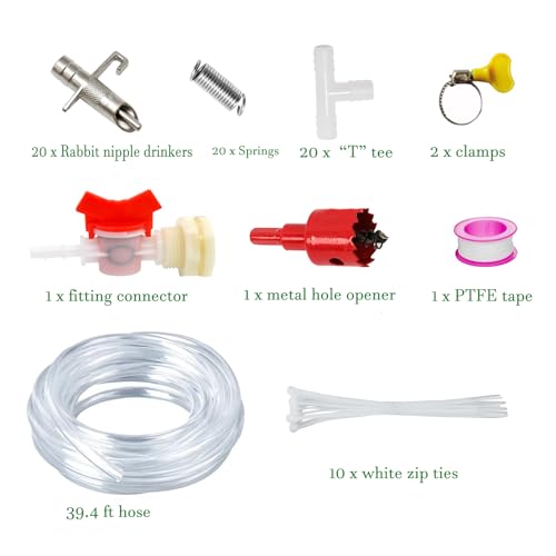 Automatic Rabbit Watering System 20 Set Rabbit Nipple Drinkers Water Feeders 5/16” Hose Barb Fittings to G1/2" and Water Bucket Connector for Small Animals Guinea Pig Ferret Rats Rodent Bunny