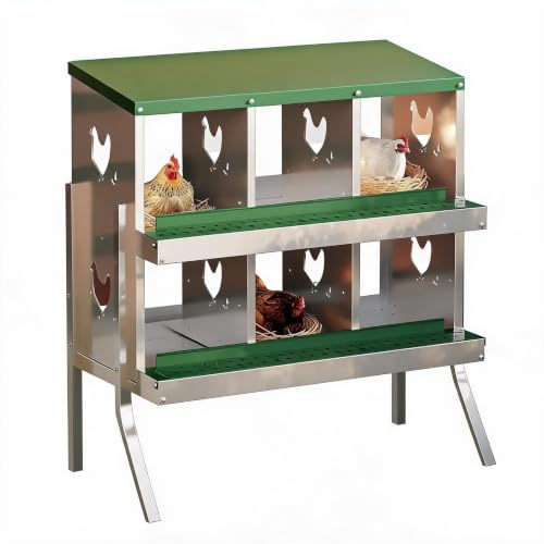 Galvanized Steel Chicken Nesting Box 6 Grids, Metal Egg Laying Boxes for Hens with Hinged Lid and Ventilated Design, Easy Clean Poultry Nest Box for Chicken Coop Accessories, Green, with Legs - color: Green, size: 6 Holes with Legs