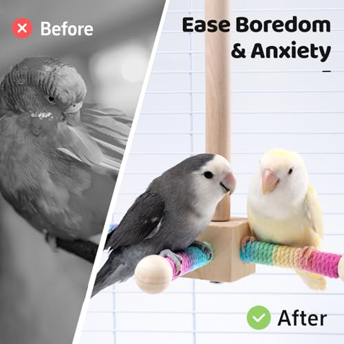 9" Hanging Bird Perch Toy for Cage, 360° Silent Free-Spin, Wooden Bird Cage Accessories, Relieve Boredom Anxiety, for Parrots, Parakeets, Cockatiels, Small to Medium Birds, with Poplar Swing