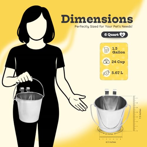 6 Quart Stainless Steel Flat Sided Bucket with Dual Hooks | 2 Pcs Food & Water Bowl for XL Dog Goat Cattle Horse & Livestock | Fits kennel Crate Cages Farm Hanging Pet Pail | Multipurpose - size: 6 Quart (Pack of 2)