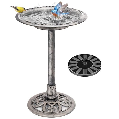 VIVOHOME Bird Bath with Solar Fountain for Outside, Pedestal, Gray | Solar-Powered Pump, Weather-Resistant Polyresin, 20-Inch Bowl, for Outdoor/Garden, Bird-Friendly, Easy to Clean - color: Gray