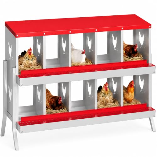 Galvanized Steel Chicken Nesting Box 10 Grids, Metal Egg Laying Boxes for Hens with Hinged Lid and Ventilated Design, Easy Clean Poultry Nest Box for Chicken Coop Accessories, Red, with Legs - color: Red, size: 10 Holes with Legs