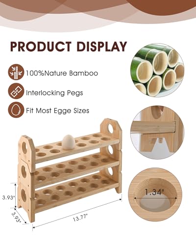 Bamboo Egg Holder Countertop with Silicone Egg Cleaner, 3-Tier Egg Holder for 36 Eggs, Stackable Design for Fresh Eggs, Farmhouse Egg Tray Storage Display Rack，Fits Quail, Duck, Chicken Eggs