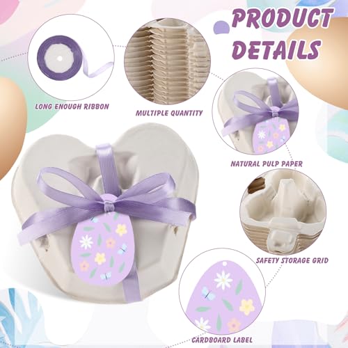 Fullhawl 24 Pcs Egg Cartons White Heart Shaped Egg Holder Natural Pulp Paper for Chicken Eggs with Macaron Color Label Ribbon for Easter Gift, Arts and Crafts Reusable (Cute) - style: Heart