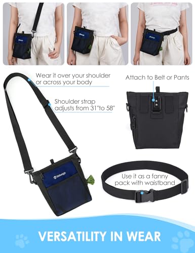 4 Cup Dog Treat Pouch with Silicone Insert Bag& Clicker(Navy Blue) | 2 Pair Magnetic Closures, Belt Clip/Waist Belt/Crossbody Wear, Zipper Pocket Poop Bag Holder for Pet Training/Daily Walking - color: Navy Blue