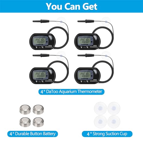 DaToo Aquarium Thermometer with Large LCD Display Fahrenheit/Celsius(℉/℃) Fish Tank Thermometer for Aquarium Reptile Terrarium Digital Water Thermometer with Suction Cup(4 Pack) - size: 4 Pack
