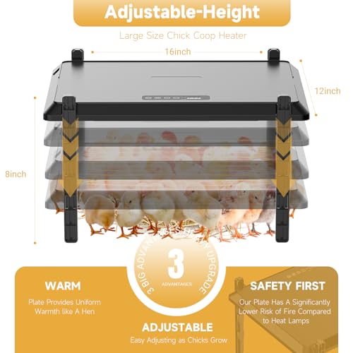 Chicken Coop Heater, 12 * 16inch Large Brooder Heater Plate for Chicks, Adjustable Height Brooder Warmer for 30-40 Baby Chicks, 5 Level Temp Adjustable Heating Plate, 75 Watt, Energy-Efficient & Safe