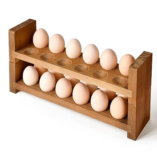 Sishynio Double Layer Egg Tray Holder Countertop, Wooden Fresh Egg Rack | Stackable Storage Basket; 2 Tier Egg Organizer for Farmhouse Kitchen, Refrigerator; Fresh Eggs, Dark Woodgrain, Pegs, Rustic - style: 2 tier pine egg tray