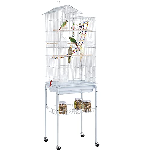Yaheetech 62.5-inch Roof Top Flight Bird Cage for Parakeets Cockatiels Conures Finches Lovebirds Canaries Budgies Small Parrots, Large Birdcage with Detachable Rolling Stand, White - color: White