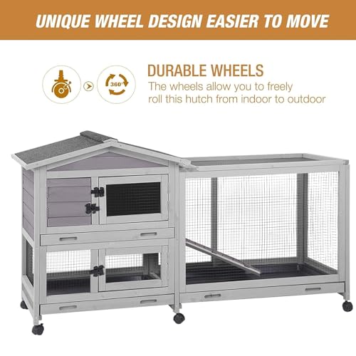 Bunny Cage Indoor and Outdoor Rabbit Hutch with Casters Waterproof Roof, Pull Out Tray from Back and Front 61.2" L x 22.6" W x 33.5" H - size: 61.2"L x 22.6"W x 33.5"H