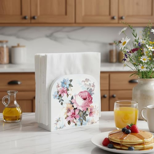 Pastel Elegant Flower Wood Napkin Holder, Spring Floral Botanical Wooden Standing Napkin Dispenser for Table Home Kitchen Dining Room Party Cafe Bar Decorations - color: Pastel Flower