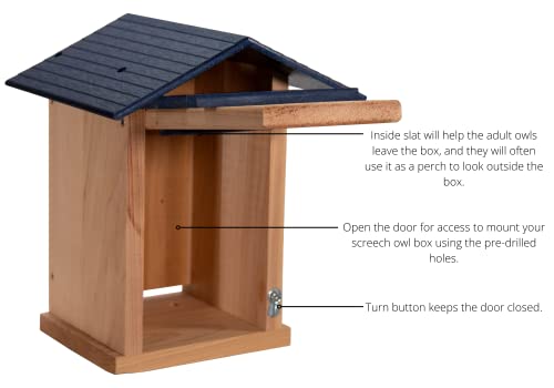 Screech Owl House Cedar Nesting Box with Poly Lumber Roof, Saw-Whet Owl Box for Outside, Drainage Ventilation, Easy Cleanout, Made in USA, Blue - color: Blue