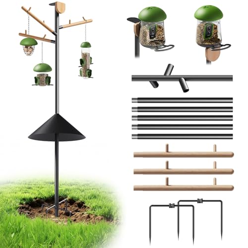 LONA 105 Inch Bird Feeder Pole for Outdoor, Squirrel Proof, 5-Prong Base | Adjustable 0.9” Dia Bird House with Mount Kit,Heavy Duty Stand with 6 wooden Hooks, Suit for Various Feeders, Black, 1 Pack