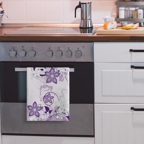 Purple Floral Kitchen Towels Boho Dish Towels for Kitchen Cleaning | Absorbent Cute Tea Towels for Kitchen Cooking Baking Farmhouse Home Decor, 16x24 Inch Set of 2 with Hanging Loop - color: Purple Floral