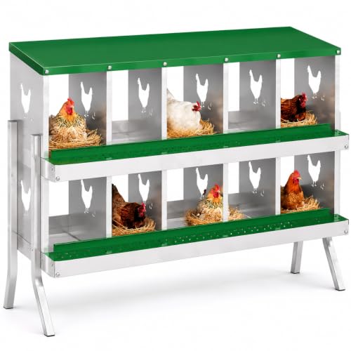 Galvanized Steel Chicken Nesting Box 10 Grids, Metal Egg Laying Boxes for Hens with Hinged Lid and Ventilated Design, Easy Clean Poultry Nest Box for Chicken Coop Accessories, Green,with Legs - color: Green, size: 10 Holes with Legs
