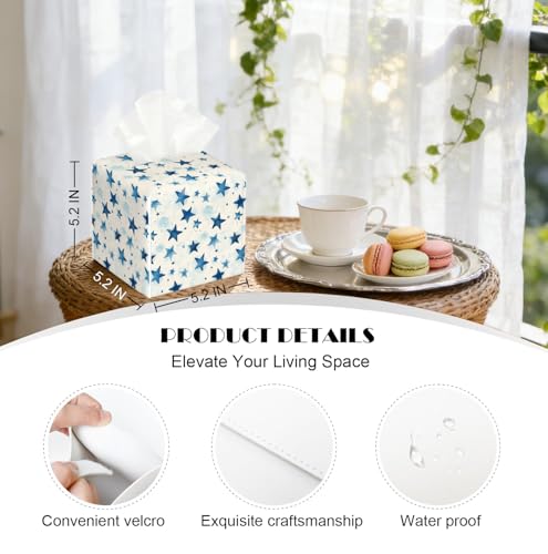 Watercolor Star Tissue Box Cover, PU Leather Holder with Blue Star Pattern for Living Room/Bathroom/Bedroom/Kitchen, Gift for Housewarming & Style-Focused Homeowners - color: White Decoration Theme-03