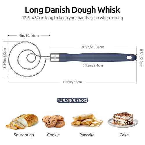 U-Taste 600ºF Heat Resistant 13.6in Long Solid & Slotted Silicone Turner and 12.6in Stainless Steel Danish Dough Whisk (Midnight Blue)