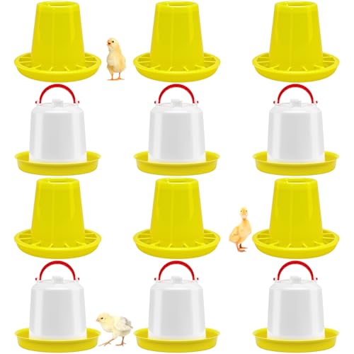 Funnymoom 12 Pack 1.5L Baby Chicken Feeder and Waterer Set Top Bird Small Poultry Feeding for Pigeon Chick Drinker Duckling Quail Feeding Dispenser (Yellow)