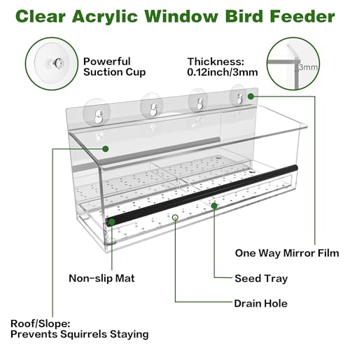One Way Window Bird Feeder for Outside with 4 Strong Suction Cups, Clear Acrylic Wild Bird House for Cats Viewing, Large Transparent Window Mount Birdfeeder for Bird Lovers Gift