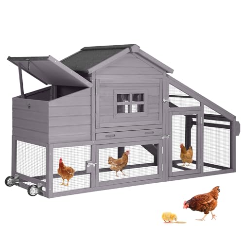 GUTINNEEN Chicken Coop Mobile Chicken House On Wheel Outdoor Rabbit Hutch for 2-4 Chickens 67" - color: Light gray