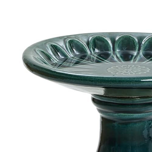 LuxenHome 22 Inch Ceramic Bird Bath for Outside, Elegant Tall Outdoor Bird Bath, Lightweight Pedestal Glazed Birdbaths for Outdoors with Floral Pattern, Dark Green - color: A Dark Green