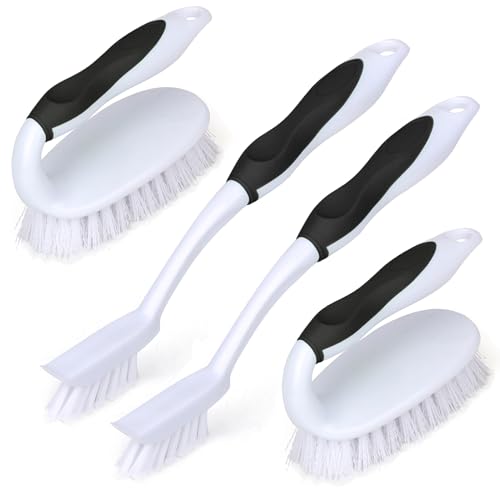 Scrub Brush Set, 4 Pack Deep Cleaning Brush Kit, Black | 2 Scrub Brush, 2 Tile & Grout Brush with Built-in Scraper, Household Commercial Scrubber for Floor, Shower, Pool Wall, Tub - color: Black