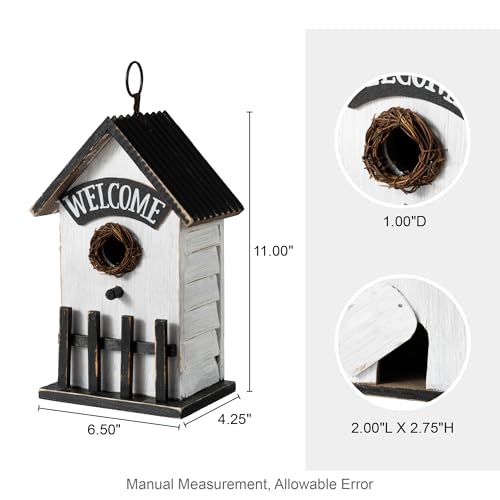 Glitzhome Bird Houses for Outside, Birdhouses for Outdoors, 11" H Washed White Solid Wood Bird Houses Fence Garden Hanging Birdhouses for Bluebird Swallow Sparrow Hummingbird Finch Cardinals - color: 11"H White