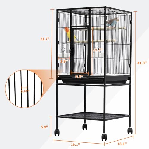 41" Large Bird Cage, Parrot Bird Cage with Rolling Stand & Storage Shelf, Heavy Duty Wrought Iron Flight Cage, Secure Lock, Ideal for Parakeets, Parrots, Cockatiels, Conures, Lovebirds - size: 25.4"L x 19.7"W x 5.9"H