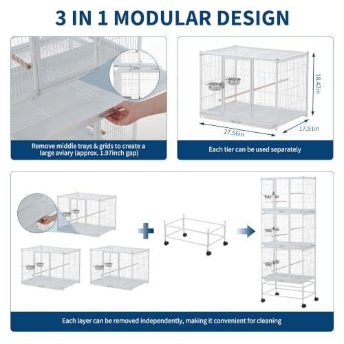 TrailBlaze Heavy Duty Large Bird Cage - 74 Inch Stackable Aviary with 3 Dividable Compartments, Removable Trays, Spacious Flight Enclosure for Parakeets, Cockatiels, Conures, Finches, Easy Clean - color: White