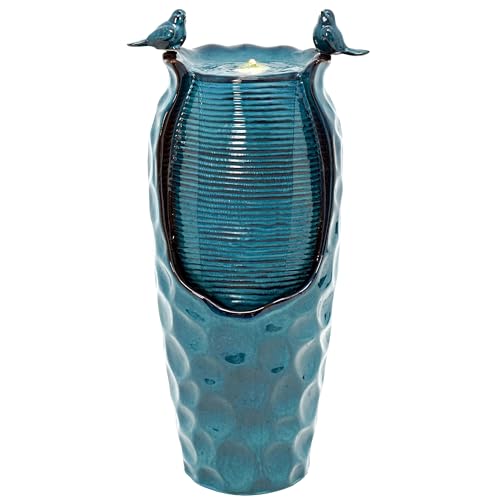 Autodaya 33" Vase Ceramic Outdoor Water Fountain with Lights and Birds | teal blue glazed water feature with textured design, ambient soothing cascading water flow for garden patio yard sanctuary - color: 33"h-birds Jar Turquoise Glaze