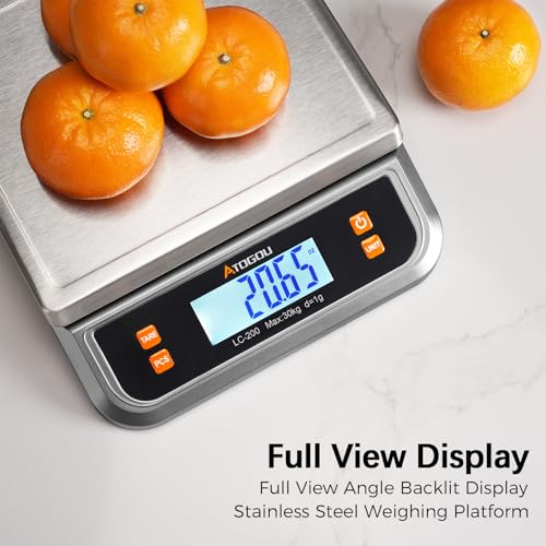 Atogou 88lb Food Scale, Commercial Kitchen Scale Plug-in Usable | Full View LCD Display, Stainless Steel, for Baking, Bread, Cooking, Meat, Vegetables, Farm, Industry LC200 Grey - size: Grey 88 lb (40 kg)