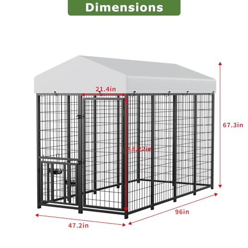 ROOMTEC Heavy Duty Outdoor Dog Kennel with Rotating Bowls, 8 x 4 x 5.6-ft - size: 8’L x 4’W x 5.6’H