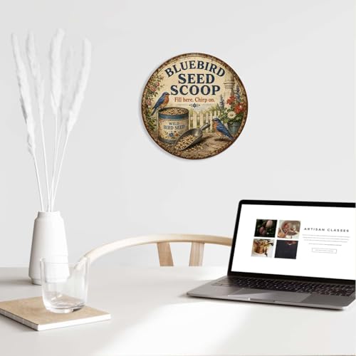 Bluebird Seed Scoop tin Sign Vintage Bluebird Bird Seed Metal Signs Round Retro Wall Art for Home Bedroom Kitchen Bar Cafe Garden Patio Outdoor Wall Decor Gift (8X8 IN) - size: 8X8 IN