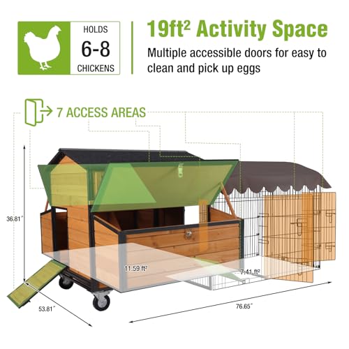 GUTINNEEN Extra Large Mobile Chicken Coop with Run for 6-8 Chickens, Portable Chicken Tractor with Wheels, 76.7" L All-Around Iron Frame Outdoor Hen House, Metal Sliding Tray & 6 Nesting Boxes