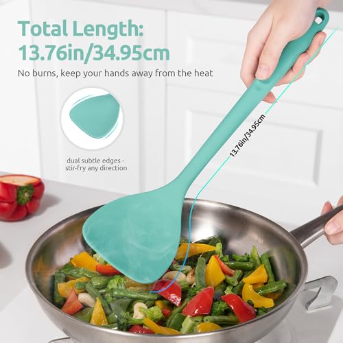 U-Taste 600ºF Heat Resistant 13.6in Long Solid & Slotted Silicone Turner and 600ºF Heat Resistant 13.76" Long, 3.63" Wide Wok Spatula for Kitchen Stir Fry (Aqua Sky)