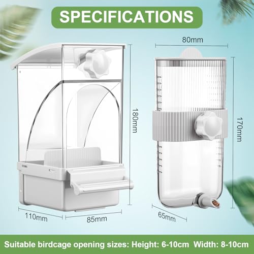 Novabright No Mess Bird Feeder Water Dispenser Set, Automatic Transparent Bird Food Container and 12 oz Automatic Water Feeder for Small Birds Parrot, Cockatoo, Canary, Cage, Lovebird, Budgies(White) - color: White