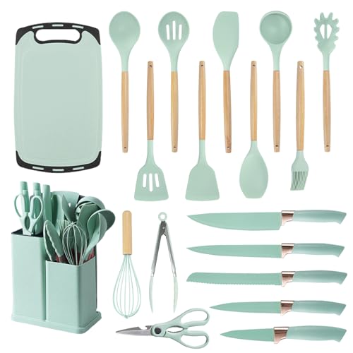 Cooking Utensils Set - 19 Piece Set with 11 Spatulas, 6 Sharp Knives, Silicone Utensils & Cutting Board (Green) - color: Light Green 19 PCS Set