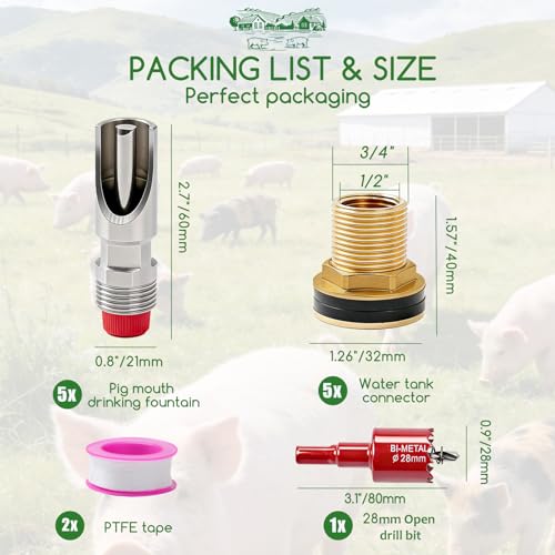 Pig Water Nipple, 5PCS Pig Nipple Waterer for Barrel Kit, Stainless Steel | Automatic Pig Nipple Water Drinker Feeder With Filter, Water System with Brass Tank Connector Kit for Piglets Goat Drink